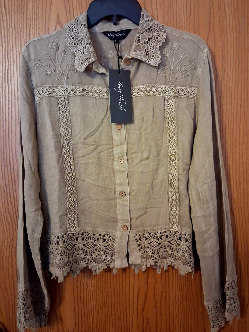Young Threads Women's Lace-Trim Button-Down Shirt - Olive Sz L